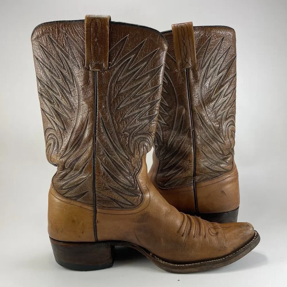 Dan Post 6154 Western Boots Mens Size 9 Pointed J Toe, Flame Embroidery Tan VTG